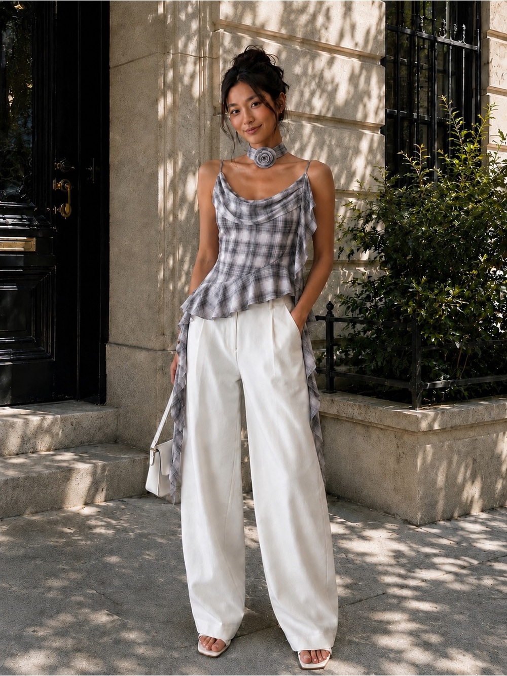 Beautiful elegant draping plaid tank top with matching rosette neck tie - Keltis